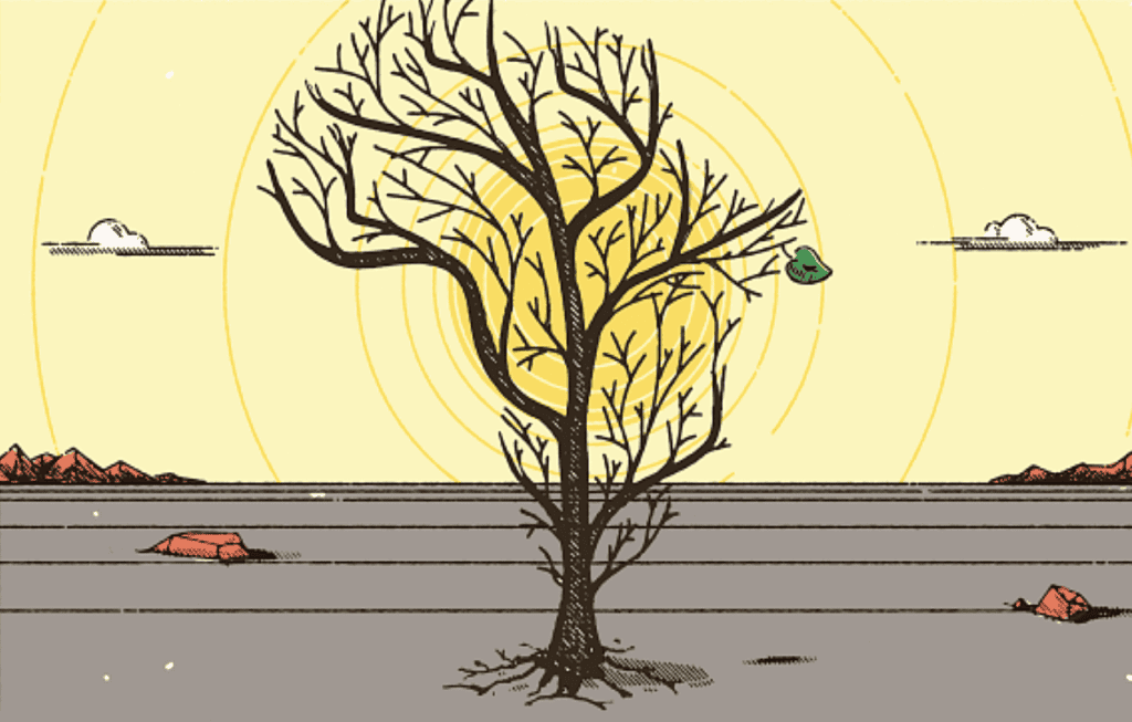 Illustration of a leafless tree standing in a dry landscape with a single green leaf.