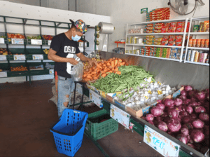 Person shopping for fresh carrots, green beans, and onions at grocery store.