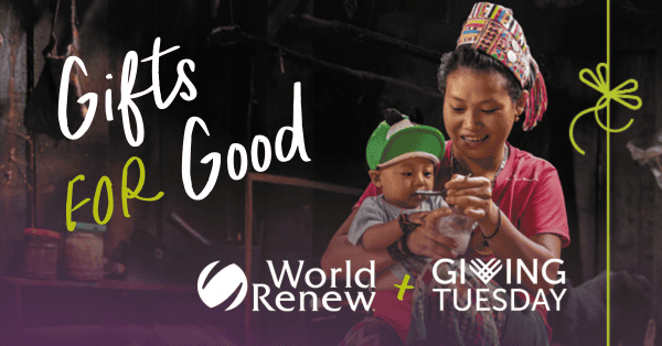 Child receiving a gift from a woman, promoting giving Tuesday and charity.