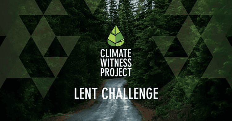 Forest road with Climate Witness Project logo and the words “Lent Challenge” over a dark green background.