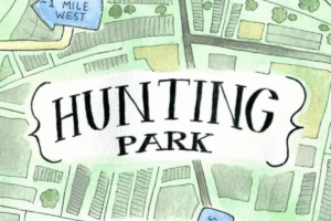 Illustrated map showing streets and buildings with the words “Hunting Park” centered.