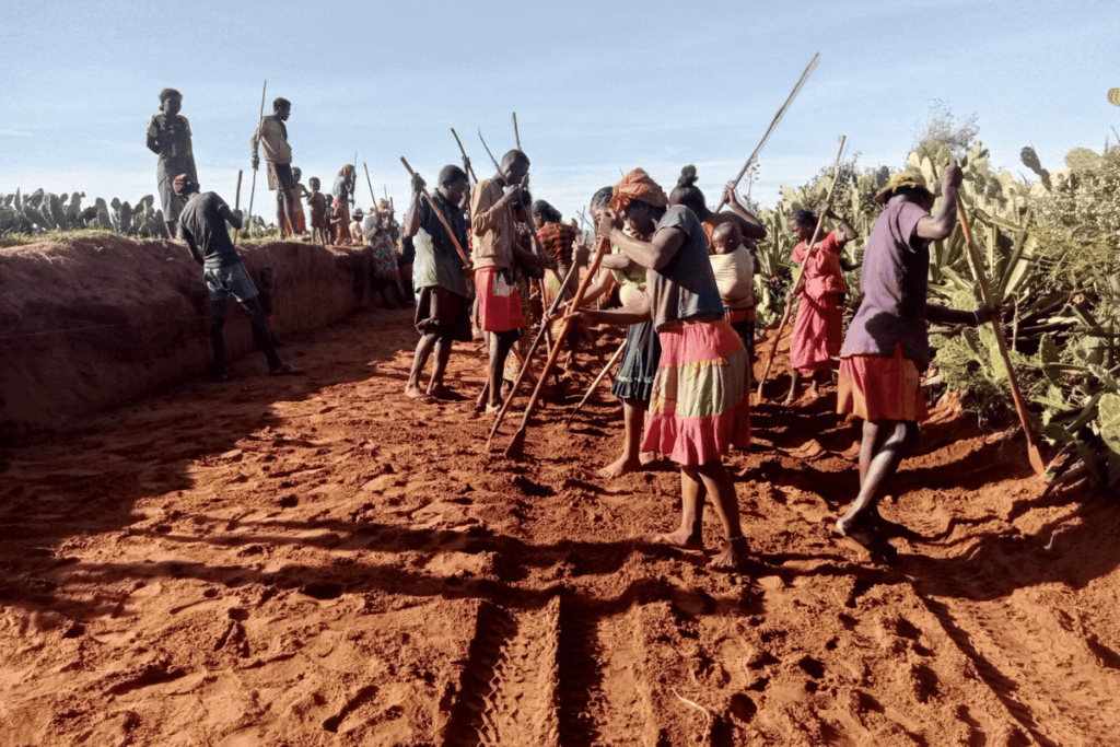 Group of people using hand tools to level and clear a dirt road outdoors in a rural area.