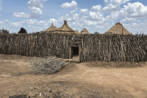 Traditional African village huts made of wood and thatch under a cloudy sky.
