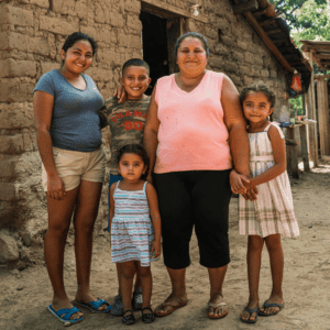 Honduras family standing outside their home during drought.