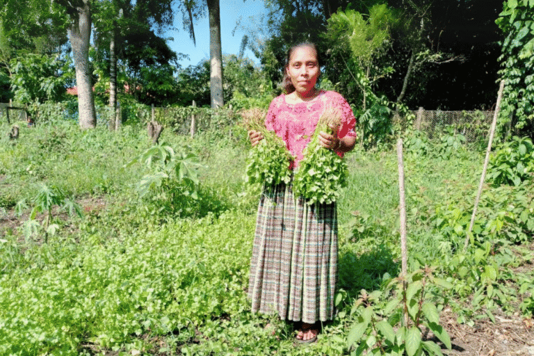 Young girl holding fresh herbs in a lush garden setting.