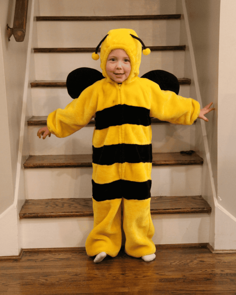 Child dressed as a bee for fundraising event or costume party.