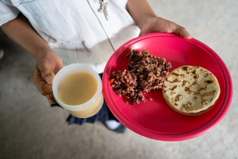 Child holding a plate with food and a drink for aid distribution.