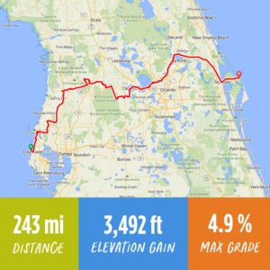 Map showing a cycling route across central Florida with distance, elevation gain, and max grade statistics displayed.