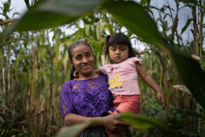 Woman and child in a cornfield, supporting sustainable farming.