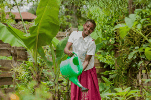 Young girl watering plants in a lush garden for sustainable farming.