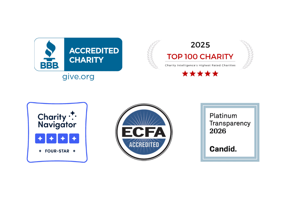 Charity certifications and awards including BBB, ECFA, and Top 100 Charity 2025.