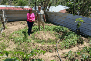 Two people standing in a community garden with plants and a metal fence.