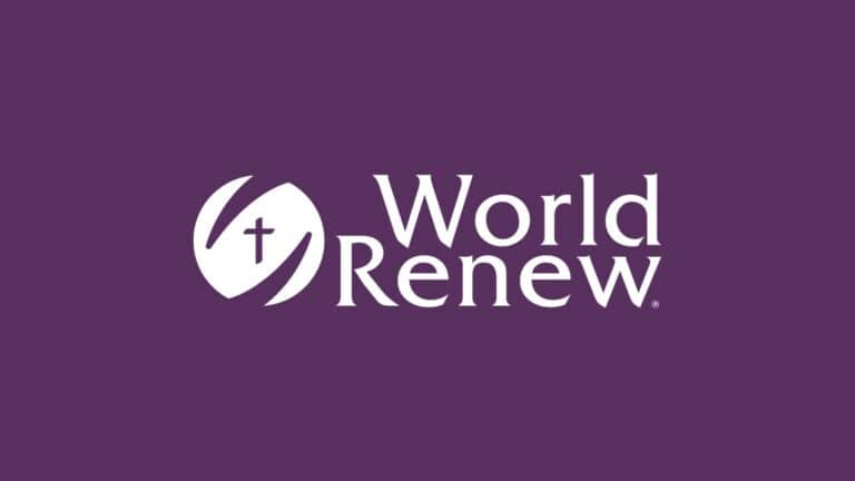 World Renew logo on purple background, symbolizing global aid and community support.