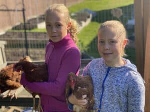 Two young girls holding chickens in a backyard farm setting.