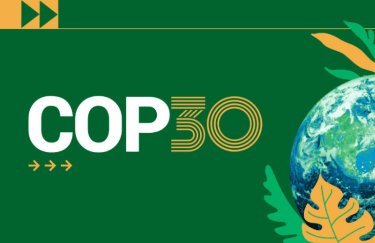 Graphic showing COP30 text with globe and green leaves on a green background.