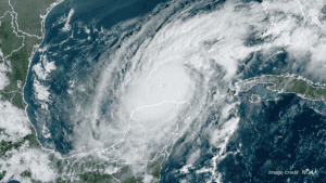 Satellite image of a hurricane nearing Central America and the Caribbean.