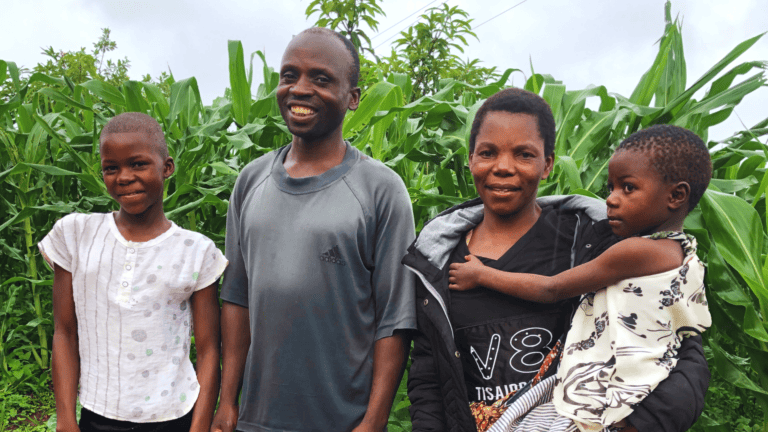 Happy Malawian family standing in lush cornfield.