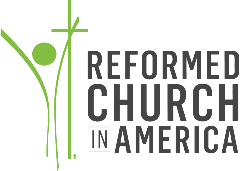 Reformed Church in America logo with green cross and figure.