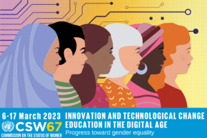 Illustration of diverse people in profile with digital circuit background and CSW67 event text banner.
