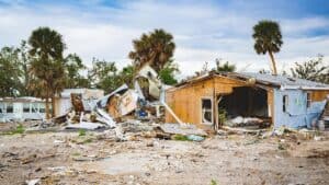 Storm-damaged homes and debris in Lee County, Florida, following Hurricane Ian